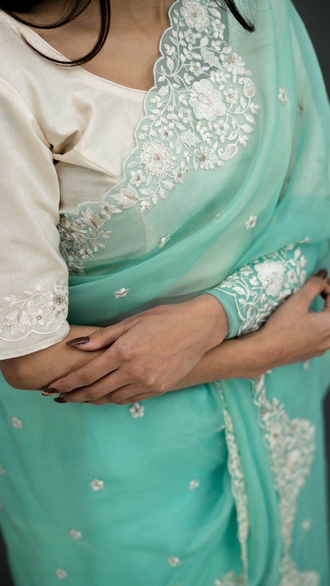 Vrinda Embroidered Saree on Turquoise Pure Silk Organza