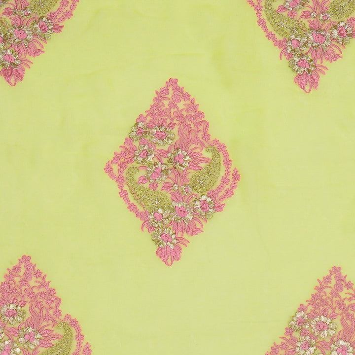 Abila Buta on Light Lime Semi Georgette Embroidered Fabric