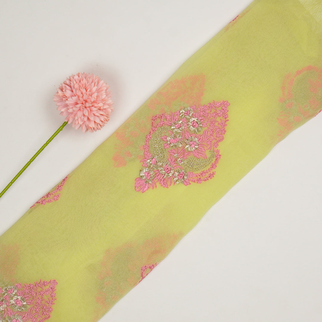 Abila Buta on Light Lime Semi Georgette Embroidered Fabric