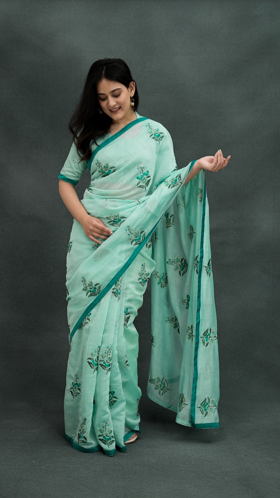 Shayra Embroidered Saree on Light Mint Cotton Silk