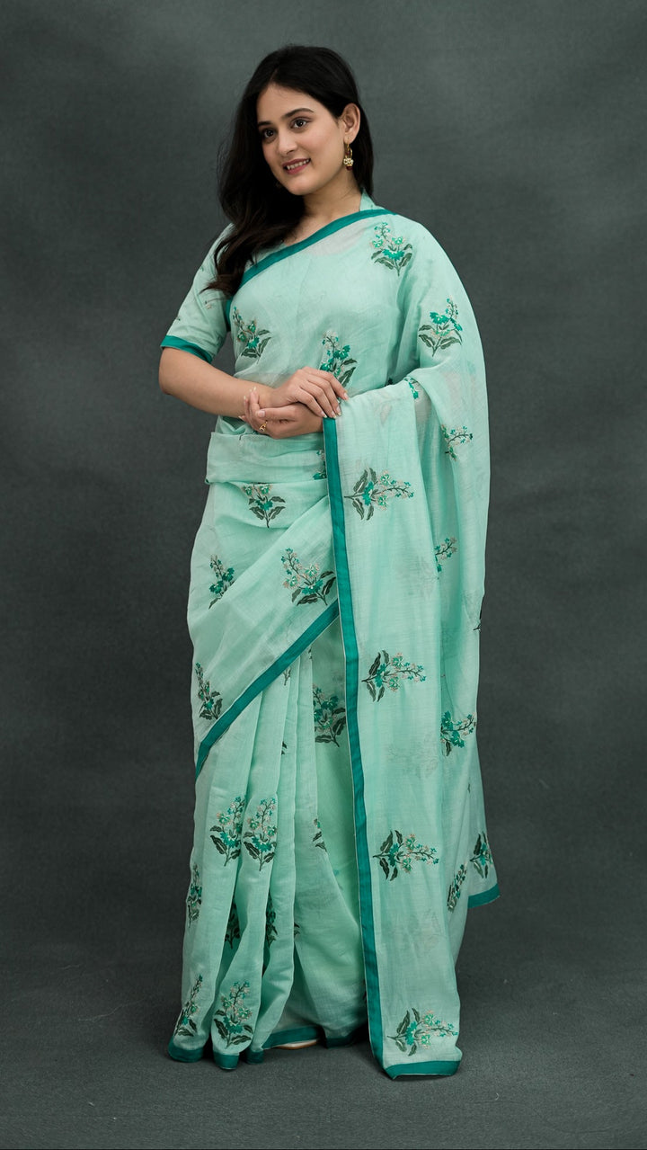 Shayra Embroidered Saree on Light Mint Cotton Silk