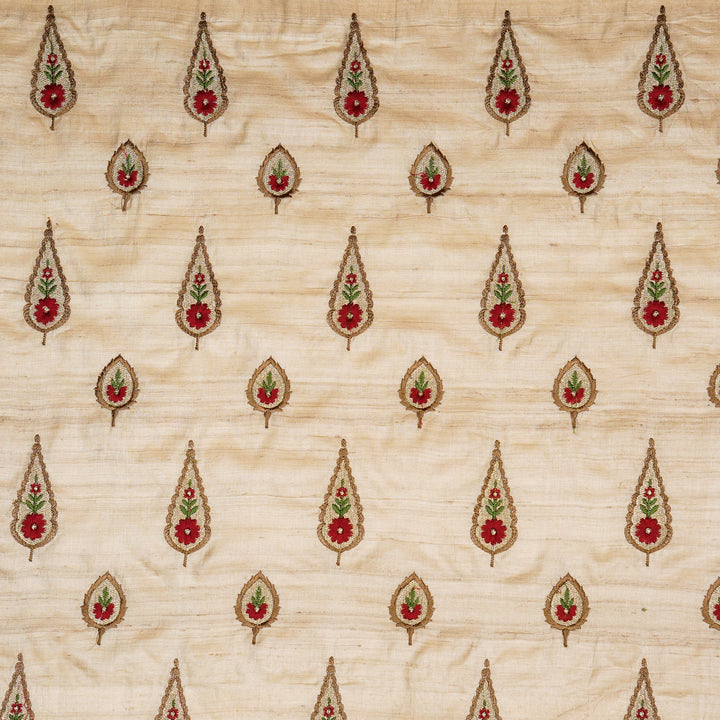 Nila Buta on Natural/Maroon Tussar Silk Embroidered Fabric