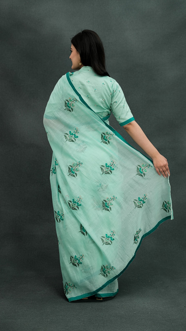 Shayra Embroidered Saree on Light Mint Cotton Silk