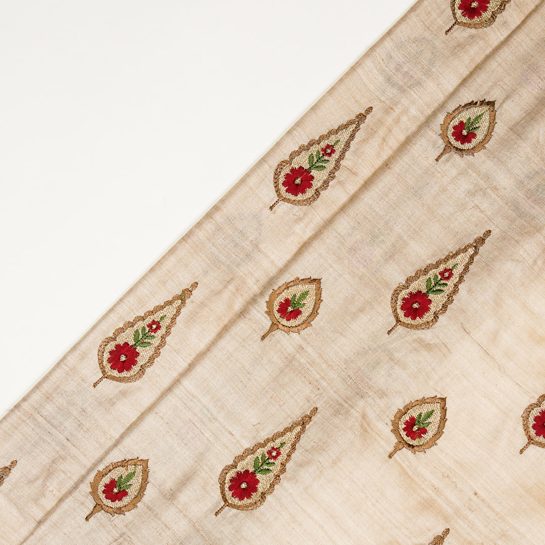 Nila Buta on Natural/Maroon Tussar Silk Embroidered Fabric