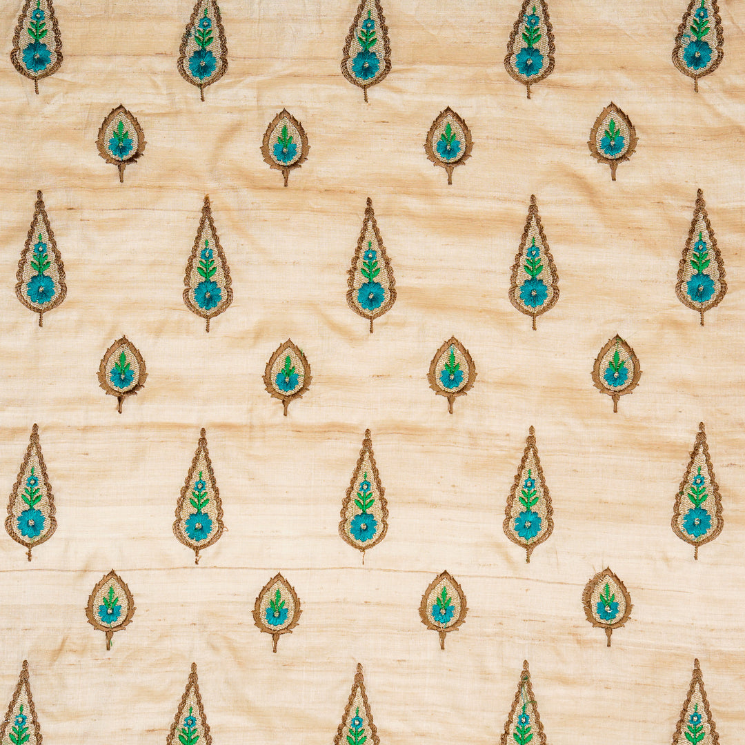 Nila Buta  on Natural/Turquoise Tussar Silk Embroidered Fabric