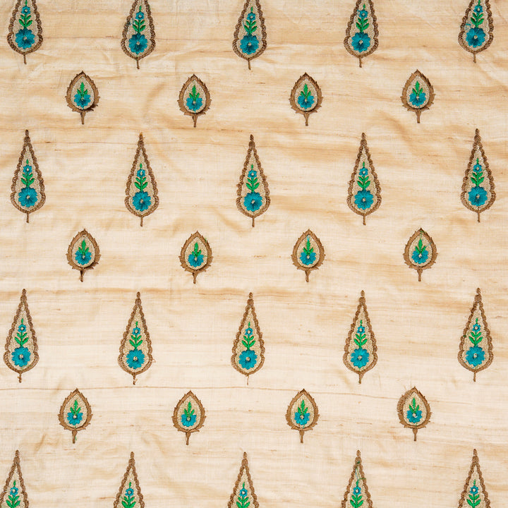 Nila Buta  on Natural/Turquoise Tussar Silk Embroidered Fabric