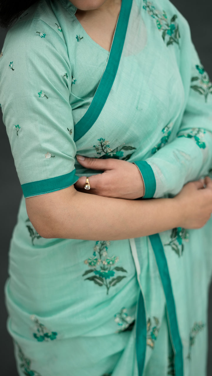 Shayra Embroidered Saree on Light Mint Cotton Silk