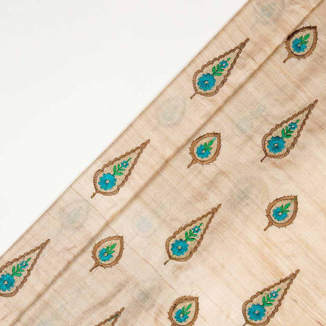 Nila Buta  on Natural/Turquoise Tussar Silk Embroidered Fabric