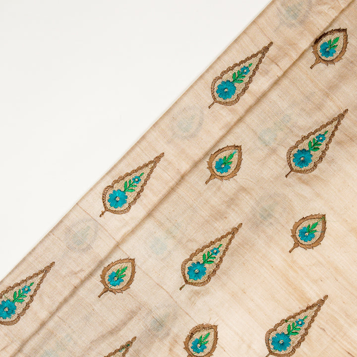 Nila Buta  on Natural/Turquoise Tussar Silk Embroidered Fabric