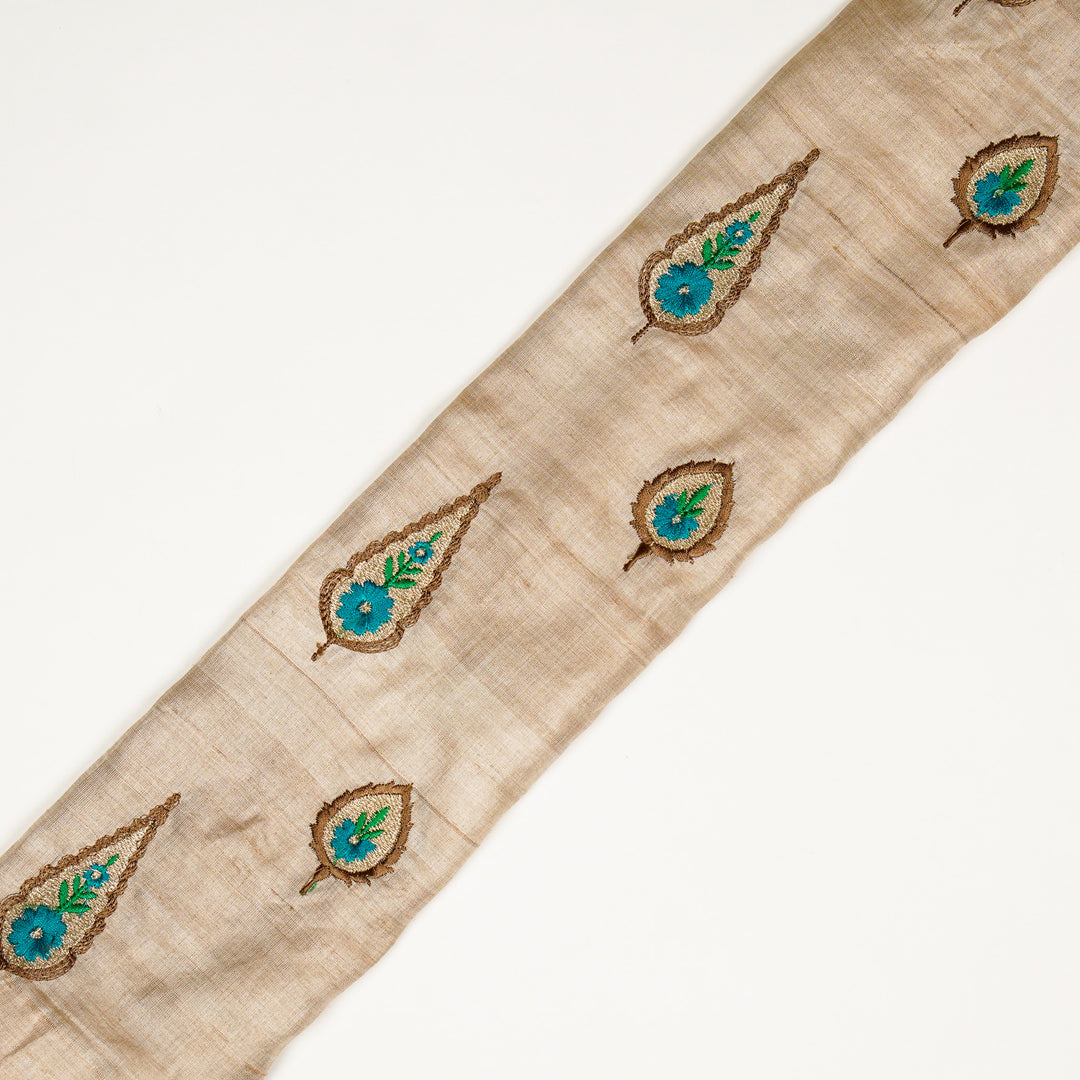 Nila Buta  on Natural/Turquoise Tussar Silk Embroidered Fabric