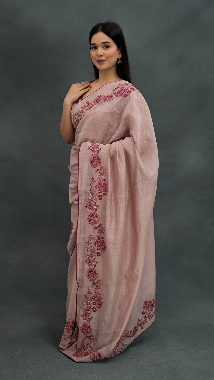 Rasmiya Embroidered Saree on Blush Cotton Silk