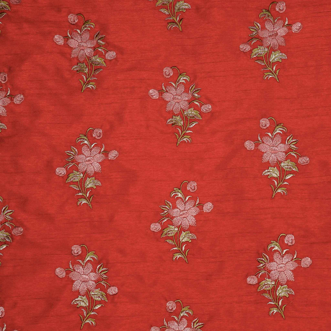 Dalia Floral Buta on Red Semi Raw Silk Embroidered Fabric