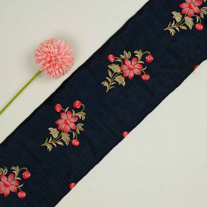 Dalia Floral Buta on Navy Blue Semi Raw Silk Embroidered Fabric