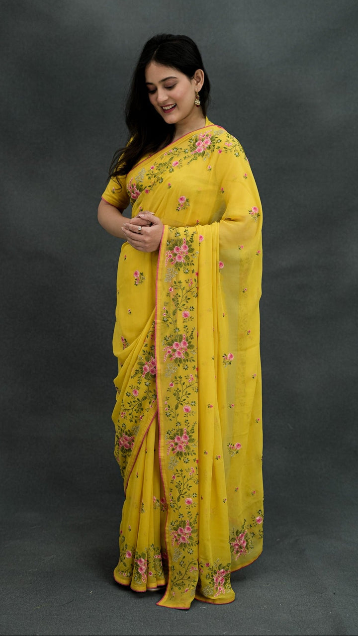 Suvarna Embroidered Saree on Gold Pure Silk Georgette