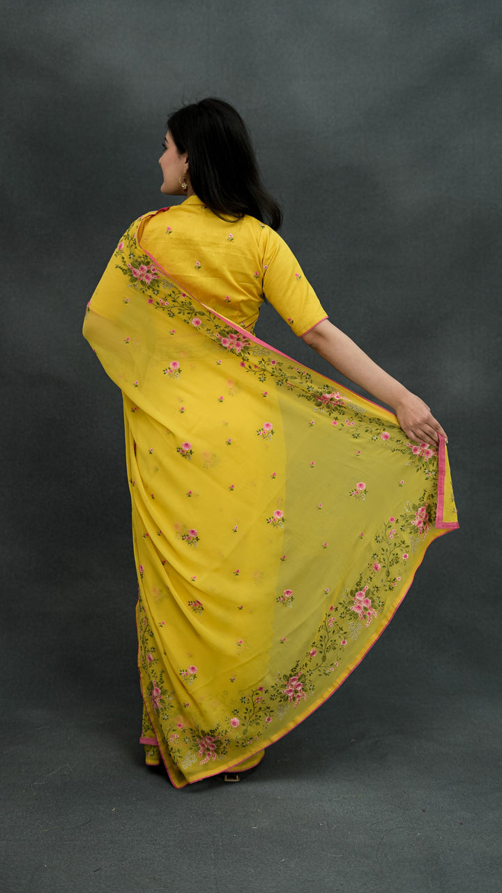 Suvarna Embroidered Saree on Gold Pure Silk Georgette