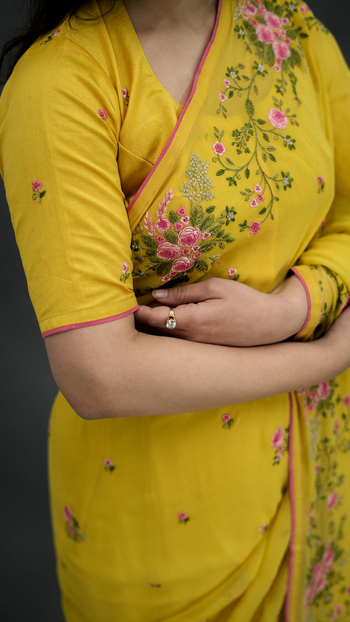 Suvarna Embroidered Saree on Gold Pure Silk Georgette