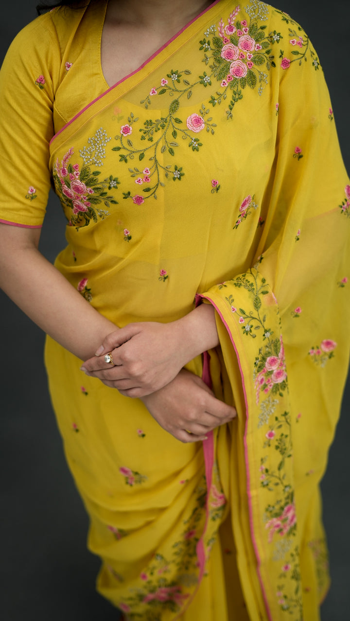 Suvarna Embroidered Saree on Gold Pure Silk Georgette