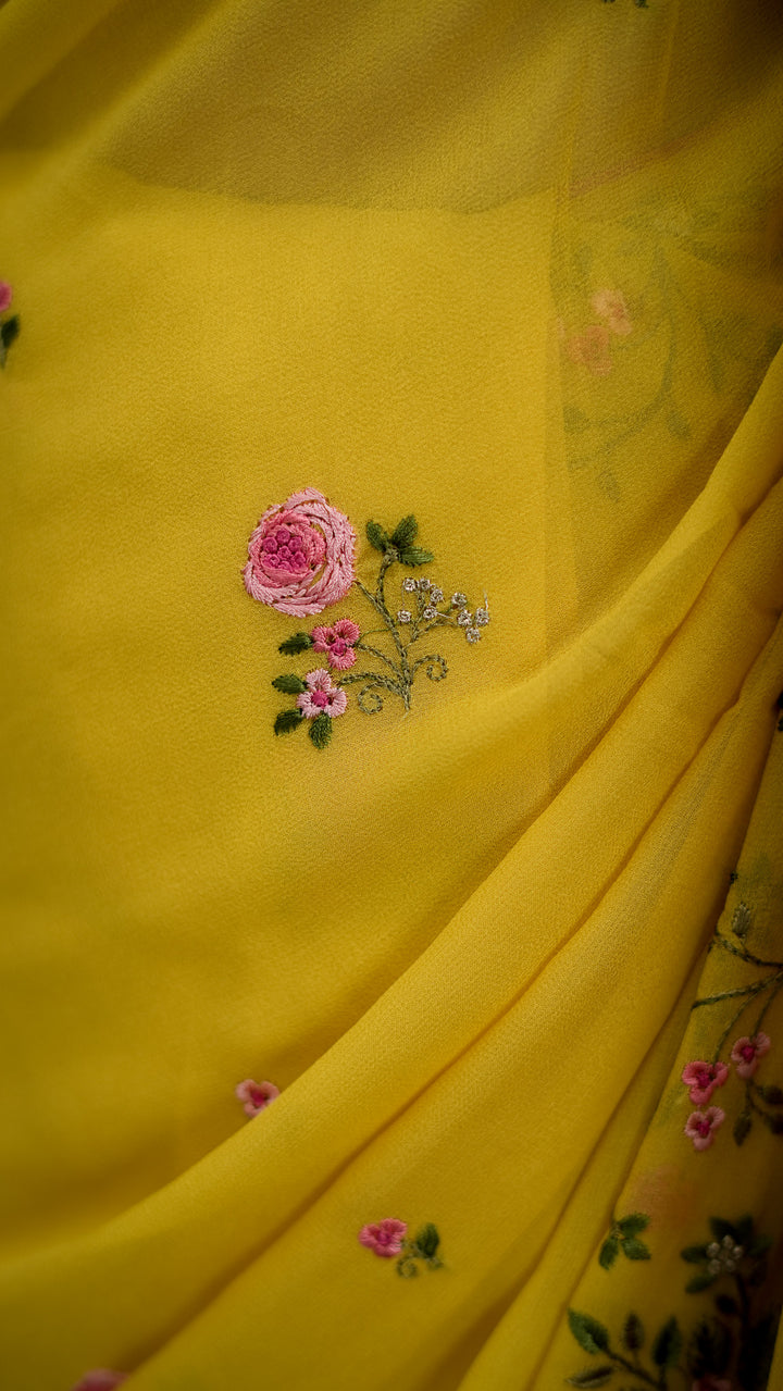 Suvarna Embroidered Saree on Gold Pure Silk Georgette