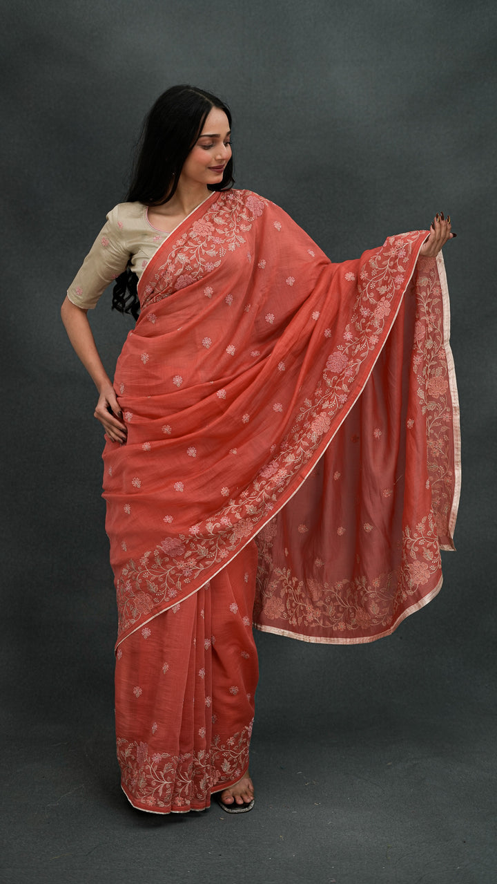Tanoora Embroidered Saree on Rust Cotton Silk