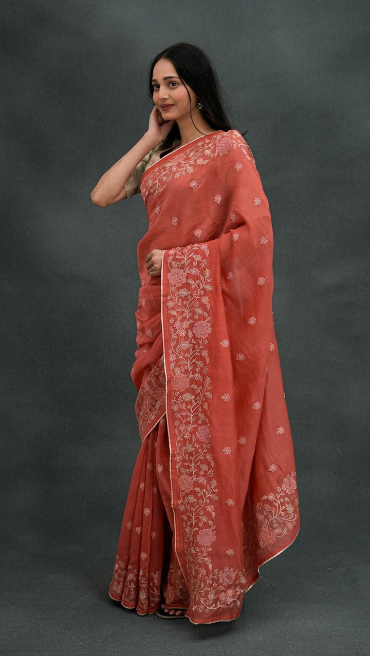 Tanoora Embroidered Saree on Rust Cotton Silk