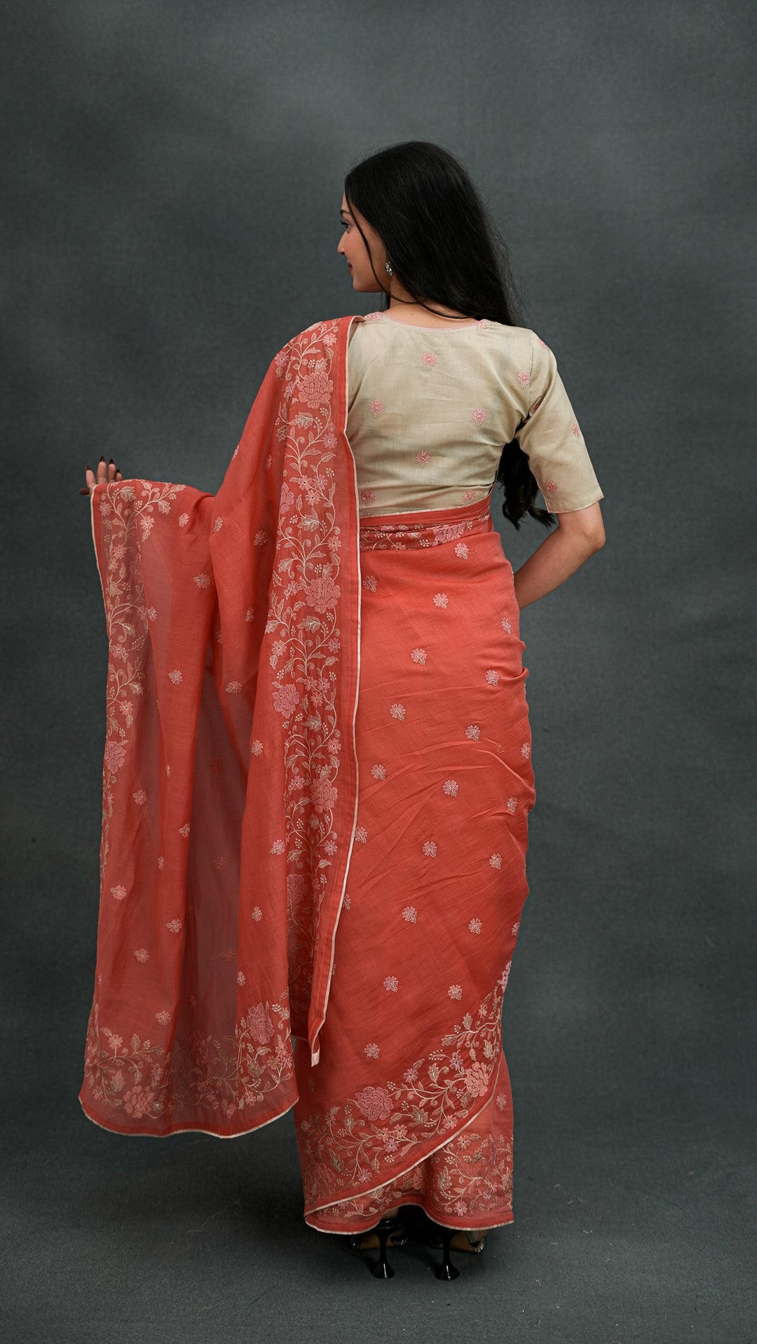 Tanoora Embroidered Saree on Rust Cotton Silk