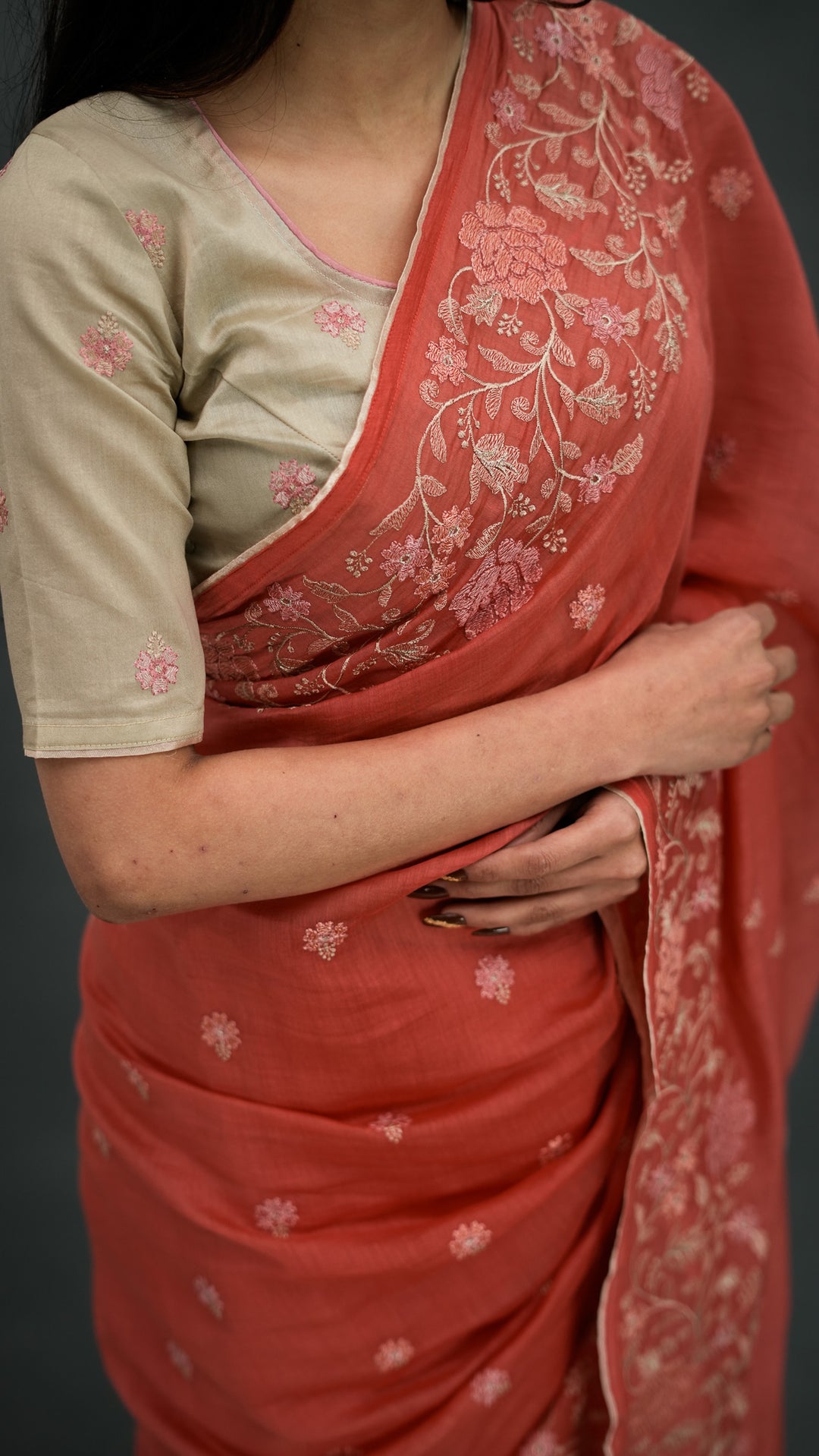 Tanoora Embroidered Saree on Rust Cotton Silk