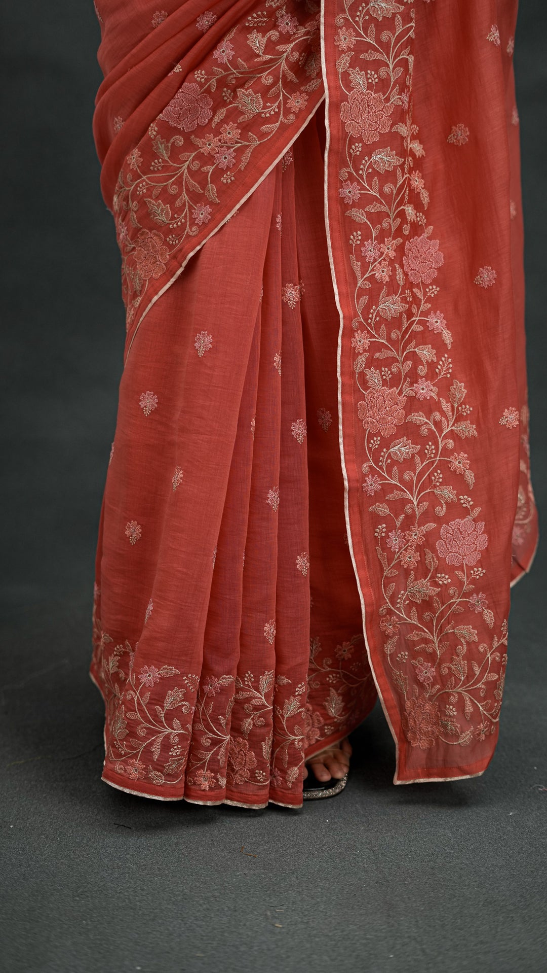 Tanoora Embroidered Saree on Rust Cotton Silk