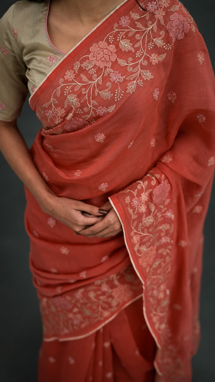 Tanoora Embroidered Saree on Rust Cotton Silk