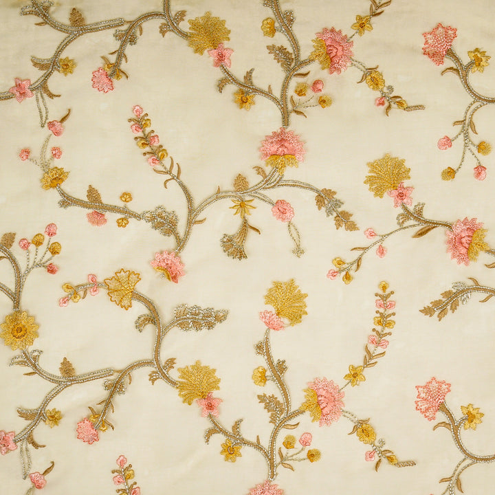 Riha Jaal on Peach Silk Organza Embroidered Fabric