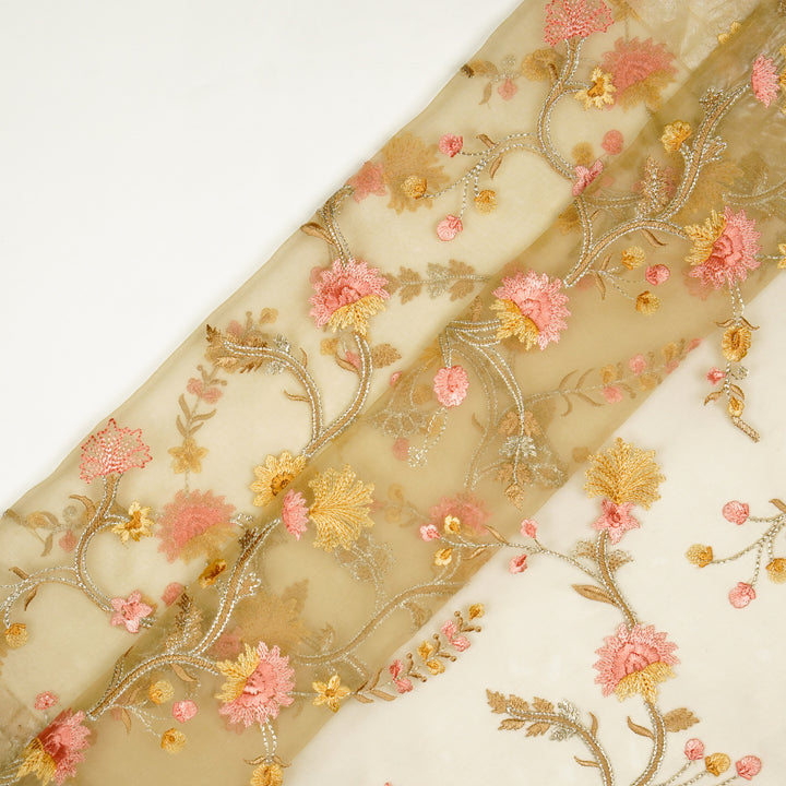 Riha Jaal on Peach Silk Organza Embroidered Fabric