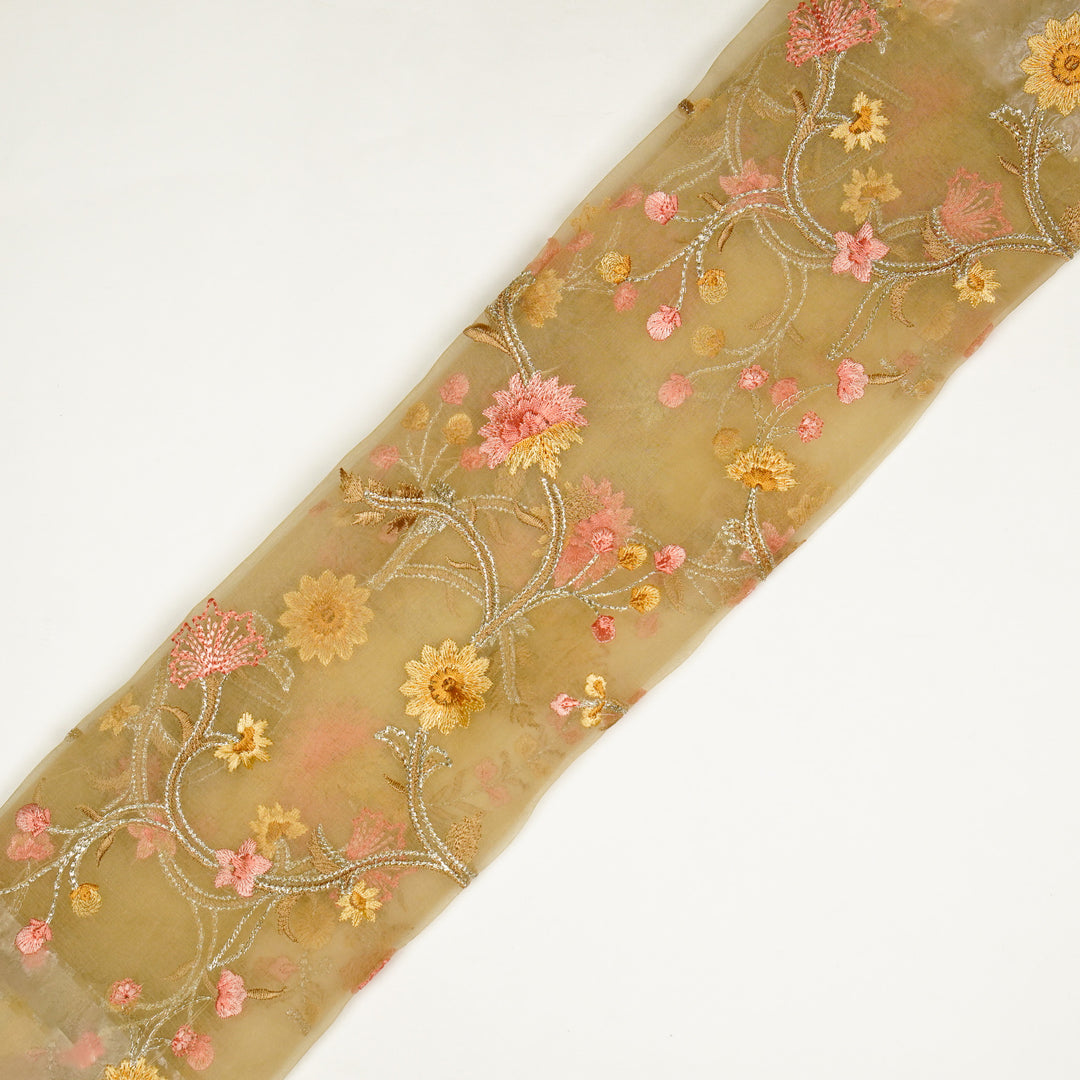 Riha Jaal on Peach Silk Organza Embroidered Fabric