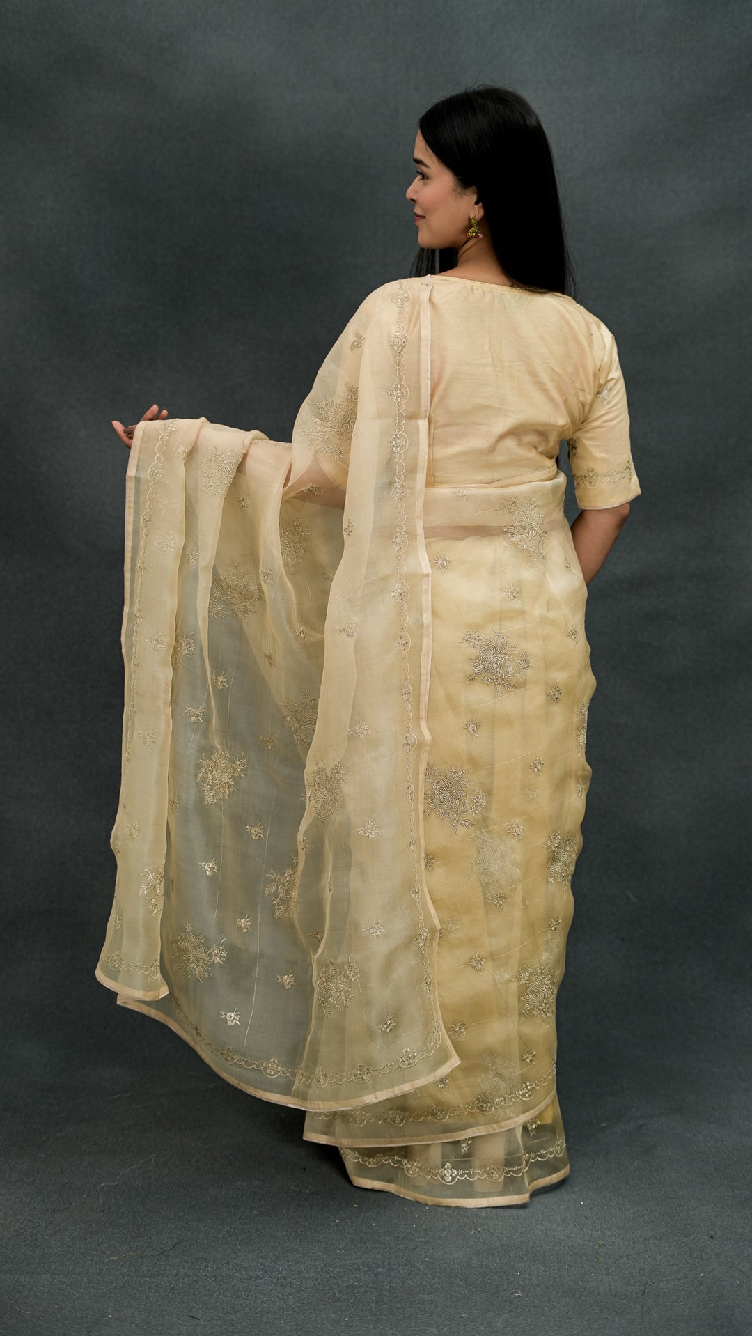 Padmini Embroidered Saree on Beige Pure Silk Organza