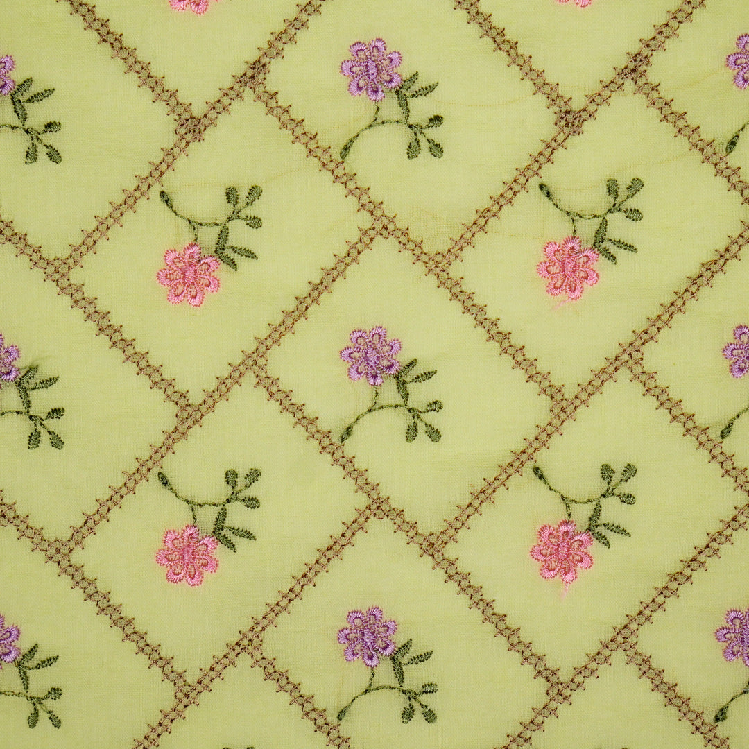 Tarika Jaal on Light Lemon  Malmal Embroidered Fabric