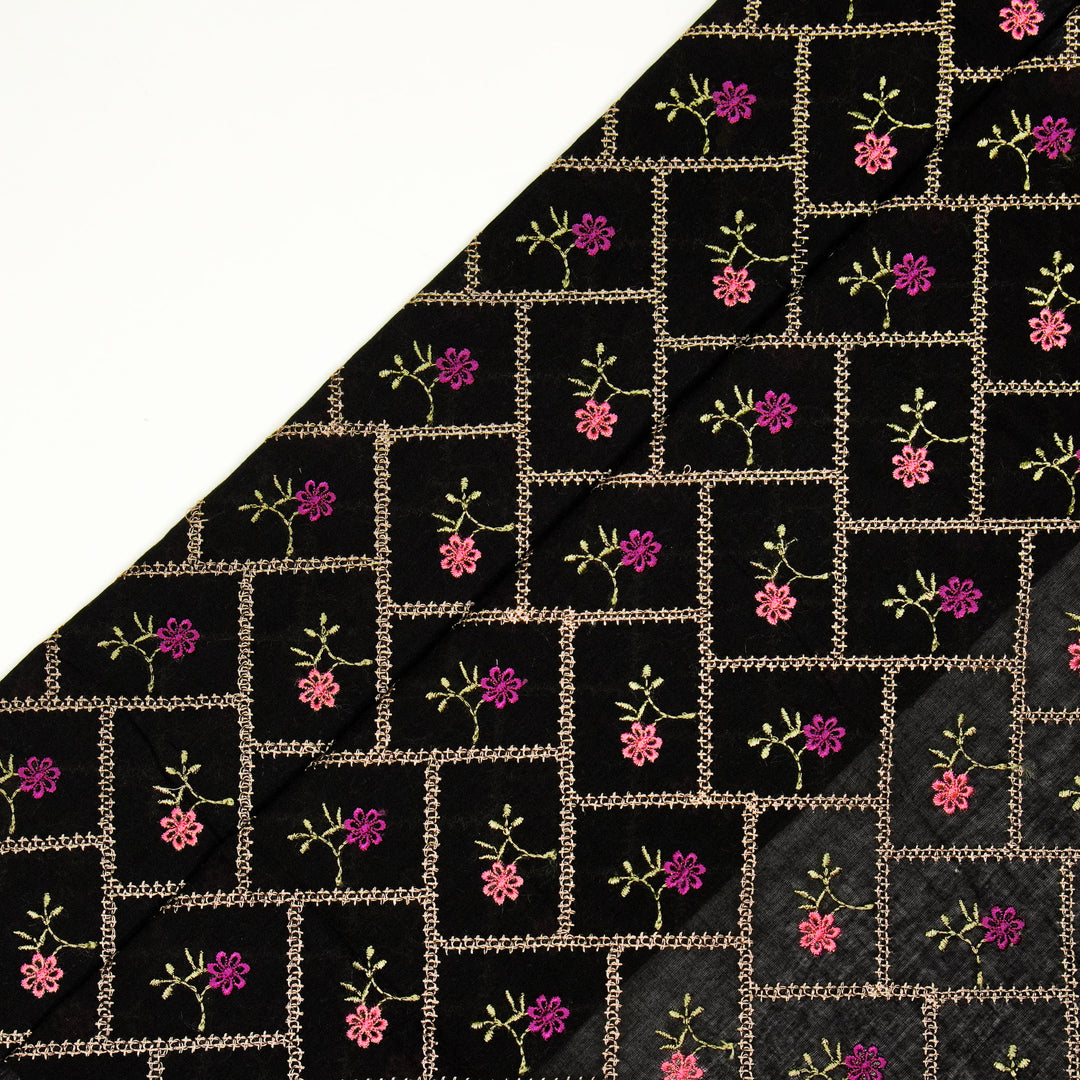Tarika Jaal on Black  Malmal Embroidered Fabric