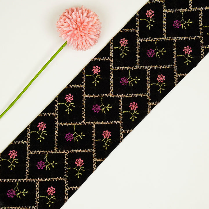 Tarika Jaal on Black  Malmal Embroidered Fabric