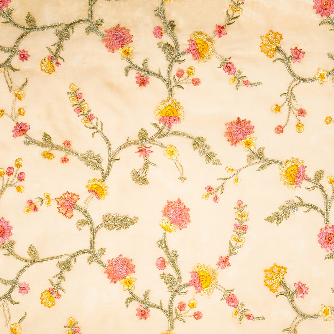 Riha Jaal on Lemon Silk Organza Embroidered Fabric