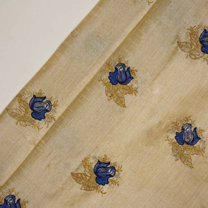Aakif Rose Buta on Natural/Blue Semi Raw Silk Embroidered Fabric