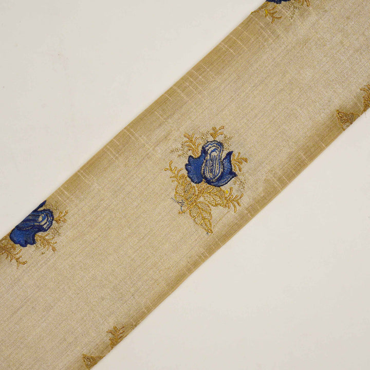 Aakif Rose Buta on Natural/Blue Semi Raw Silk Embroidered Fabric