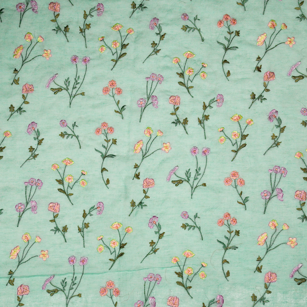 Raina Buta on Sky Blue Cotton Linen Embroidered Fabric