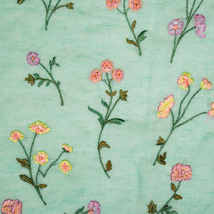 Raina Buta on Sky Blue Cotton Linen Embroidered Fabric