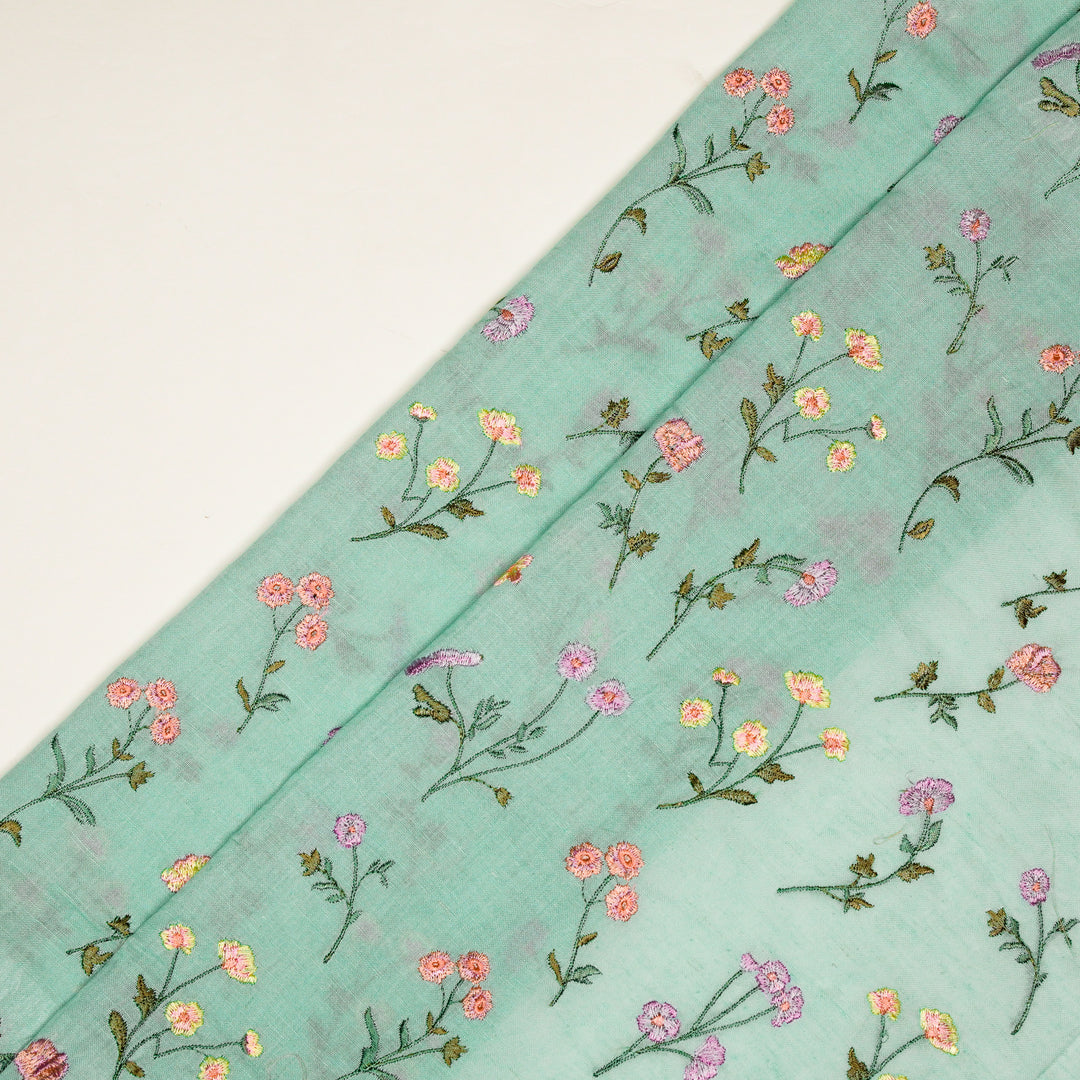 Raina Buta on Sky Blue Cotton Linen Embroidered Fabric