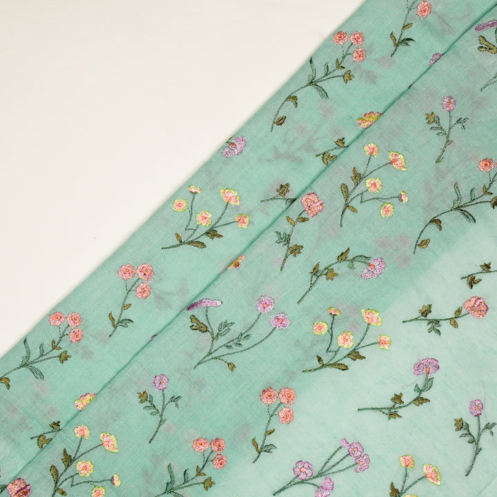 Raina Buta on Sky Blue Cotton Linen Embroidered Fabric