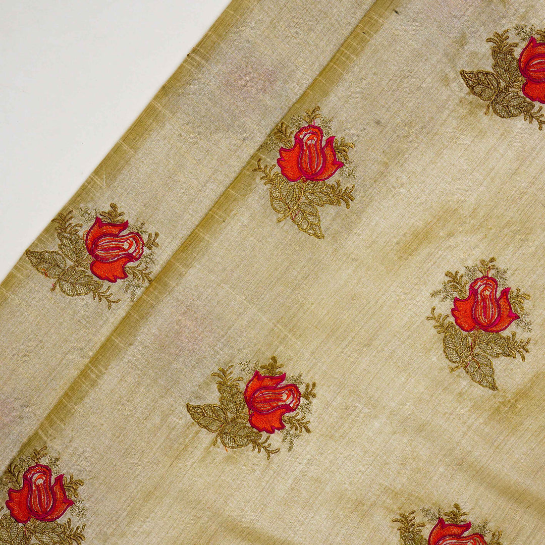 Aakif Rose Buta on Natural/Fuxia Semi Raw Silk Embroidered Fabric