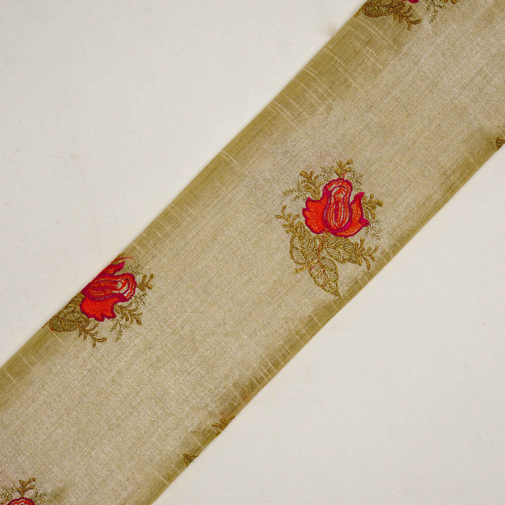 Aakif Rose Buta on Natural/Fuxia Semi Raw Silk Embroidered Fabric