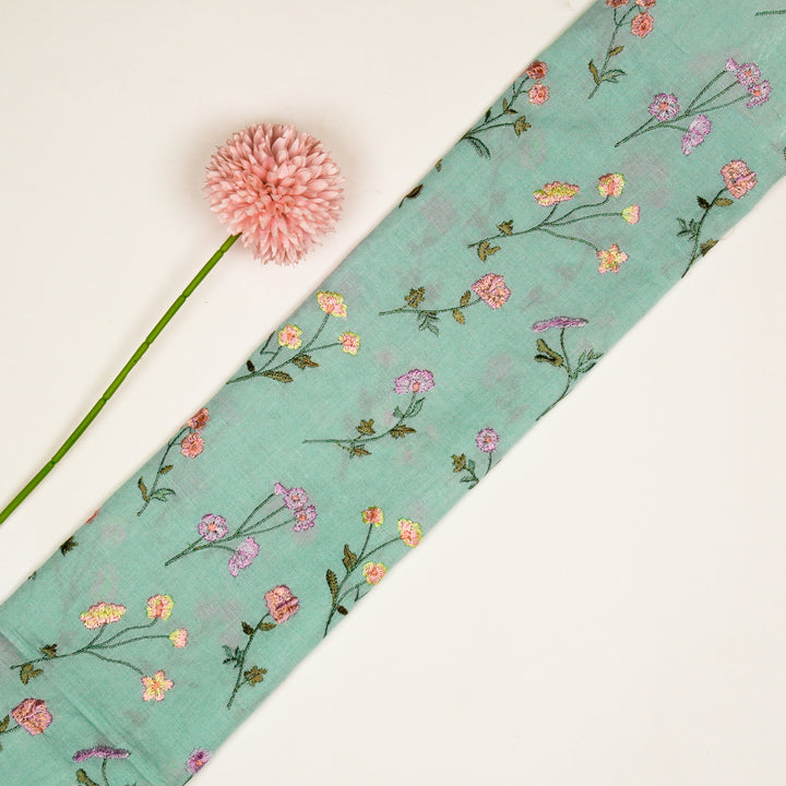 Raina Buta on Sky Blue Cotton Linen Embroidered Fabric