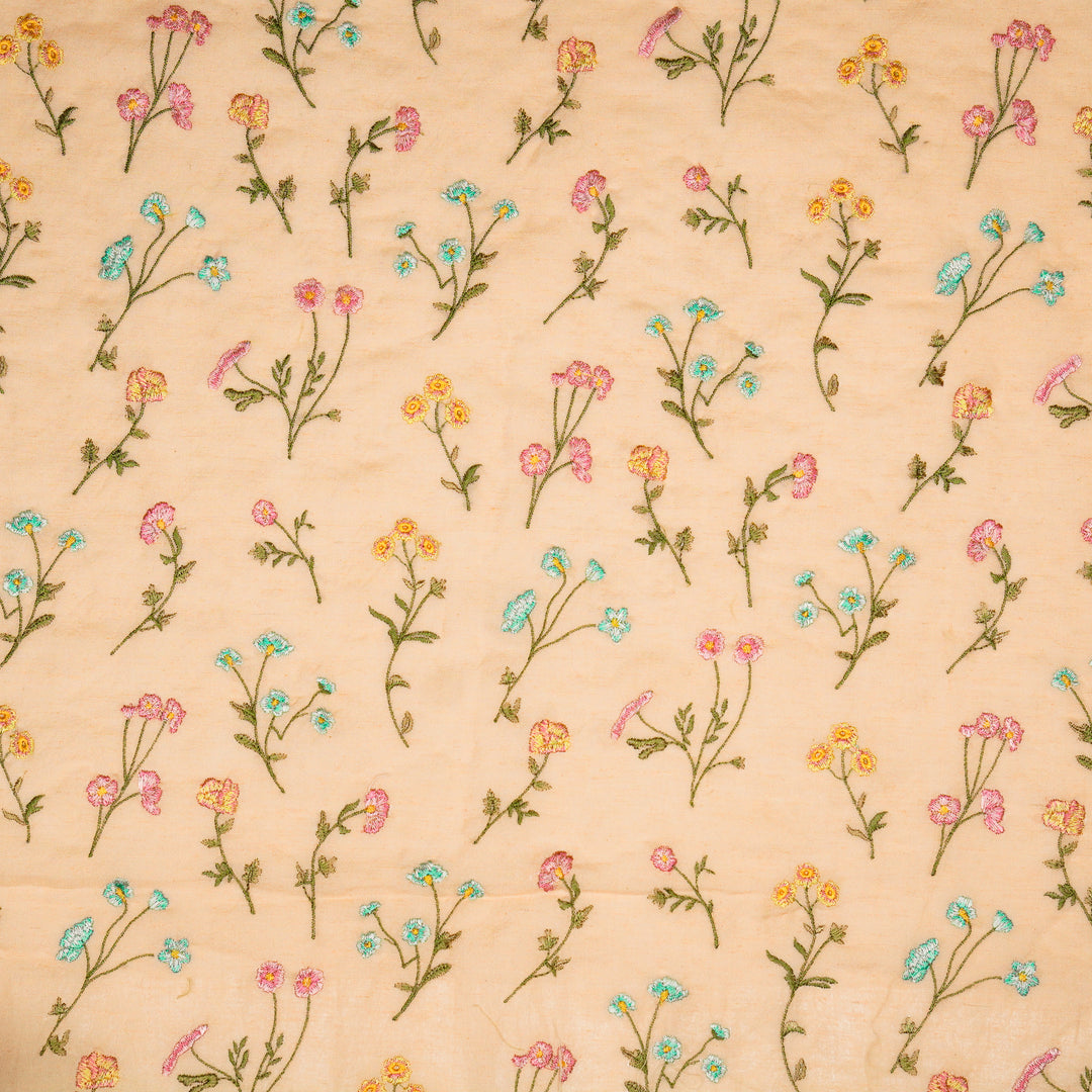 Raina Buta on Light Peach Cotton Linen Embroidered Fabric