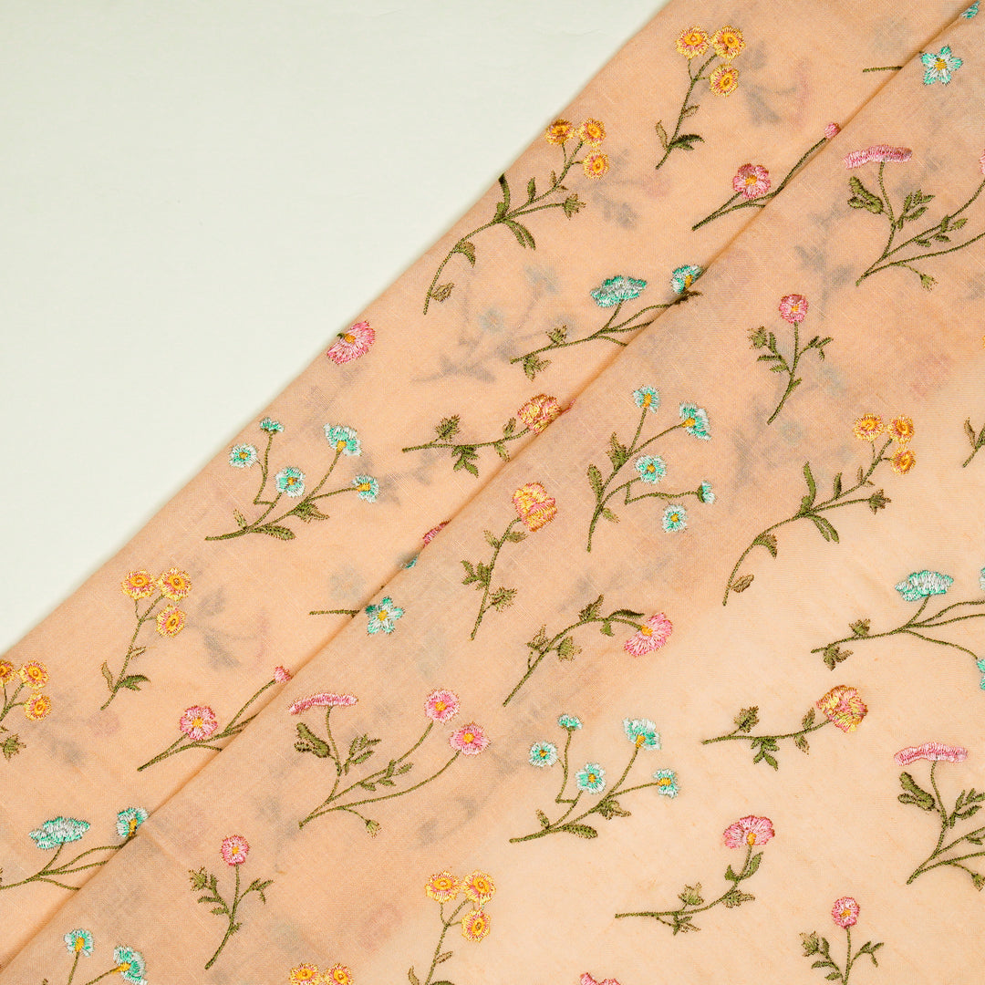 Raina Buta on Light Peach Cotton Linen Embroidered Fabric