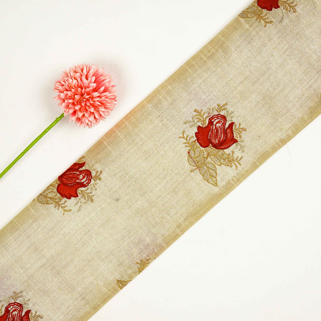 Aakif Rose Buta on Natural/Red Semi Raw Silk Embroidered Fabric