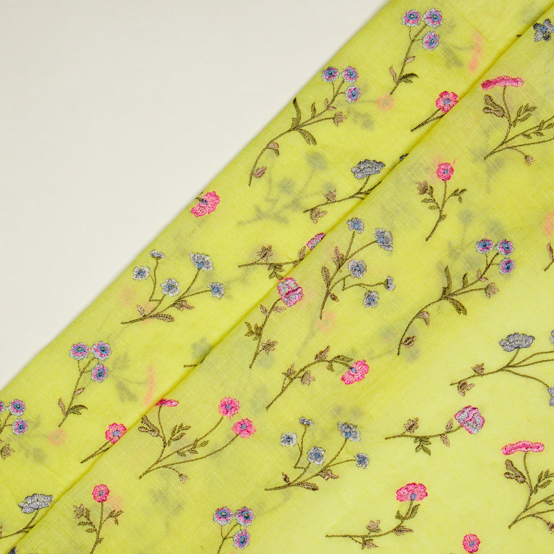 Raina Buta on Lemon Cotton Linen Embroidered Fabric