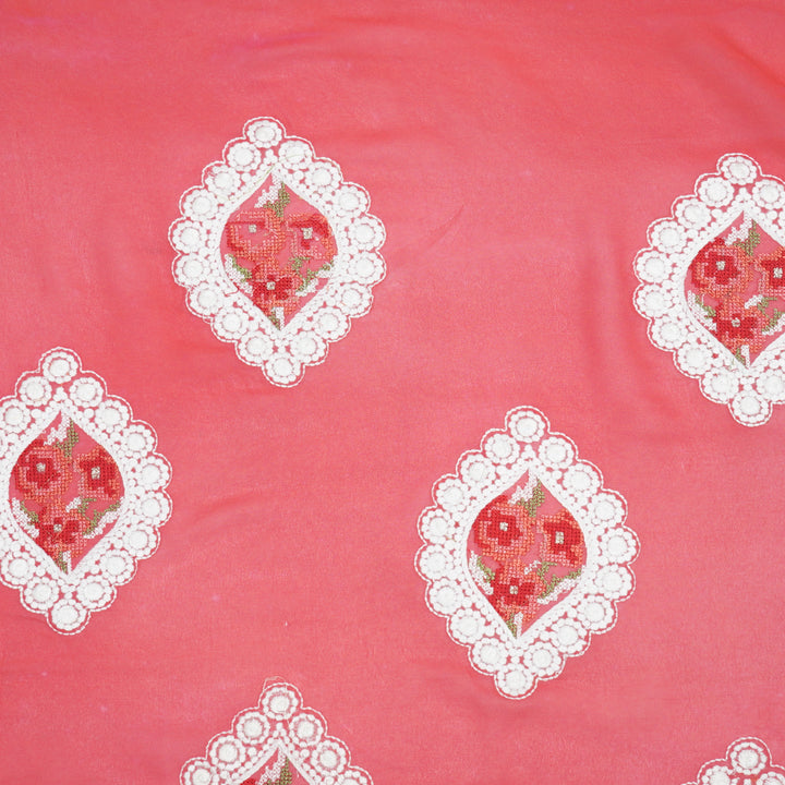 Zinal Buta on Tomato  Semi Georgette Embroidered Fabric